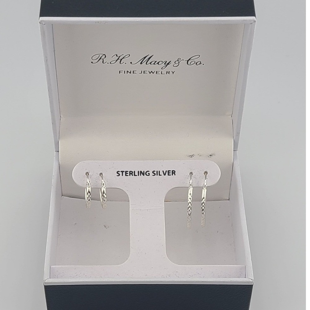 RH Macy & Co Sterling Silver Hoop Earrings Set 2 Pairs Diamond Cut Textured
